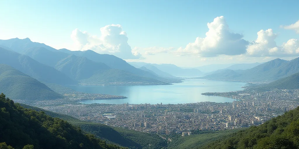 a city with a large body of water in the background and mountains in the background, with a city in