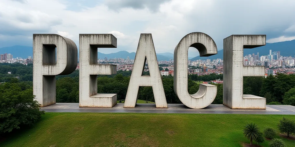 a city with a large sign that says peace in the middle of it's letters and a city in the background,