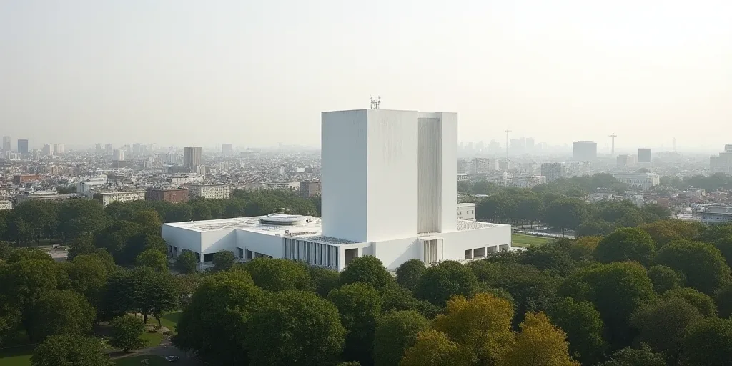 a city with a large white building in the background and trees in the foreground, and a few building