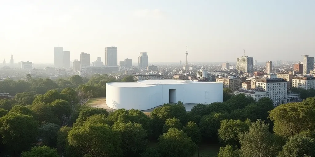 a city with a large white building in the background and trees in the foreground, and a few building