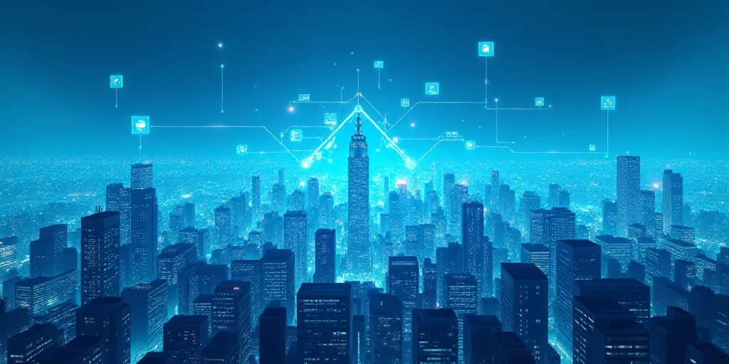 a city with a lot of connected lines and icons above it and a blue sky background with buildings and