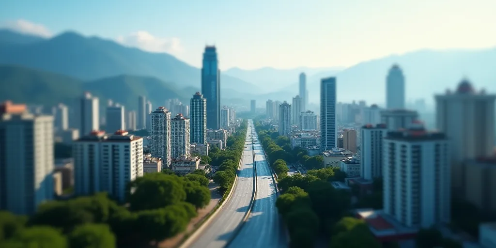 a city with a lot of tall buildings and mountains in the background, and a road running through the