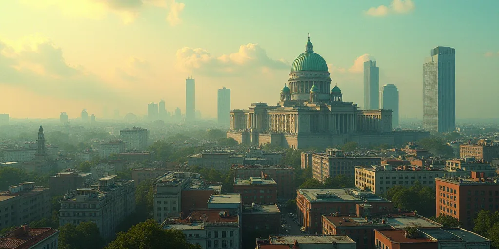 a city with a lot of tall buildings and a green dome on top of it's roof top, Emiliano Ponzi, aerial