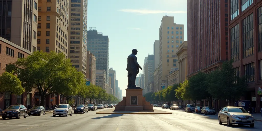 a city with a lot of tall buildings and a statue in the middle of the street with cars driving aroun