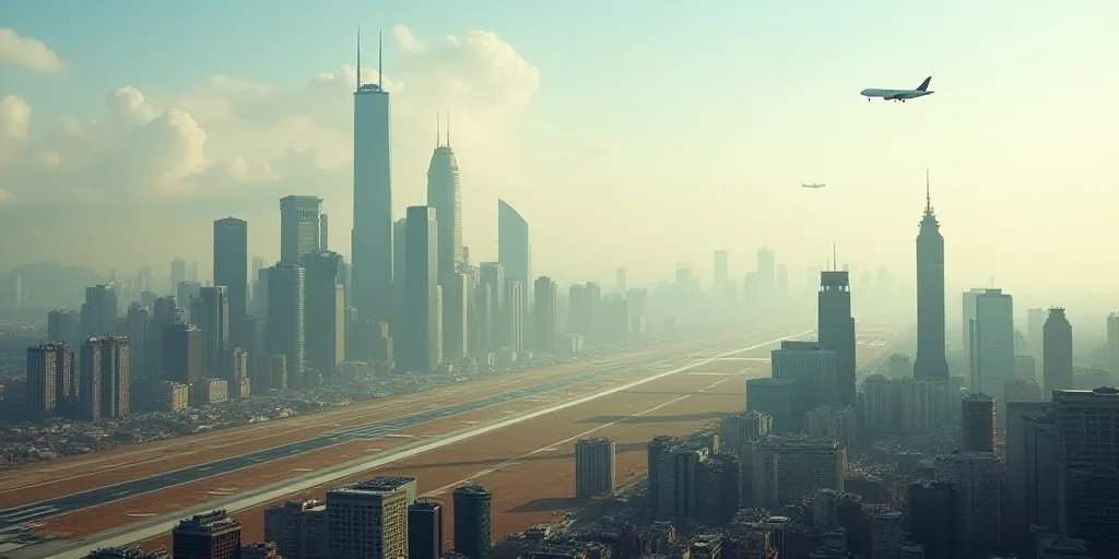 a city with a lot of tall buildings and a plane on the runway in the distance with a plane in the di