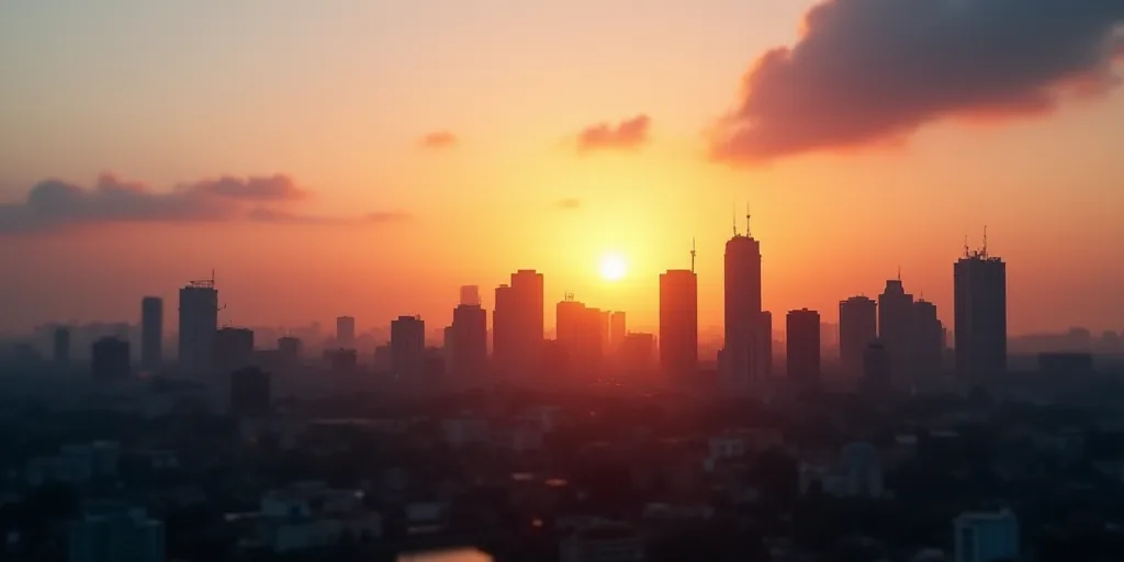 a city with a lot of tall buildings and a sunset in the background with a few clouds in the sky, Edd