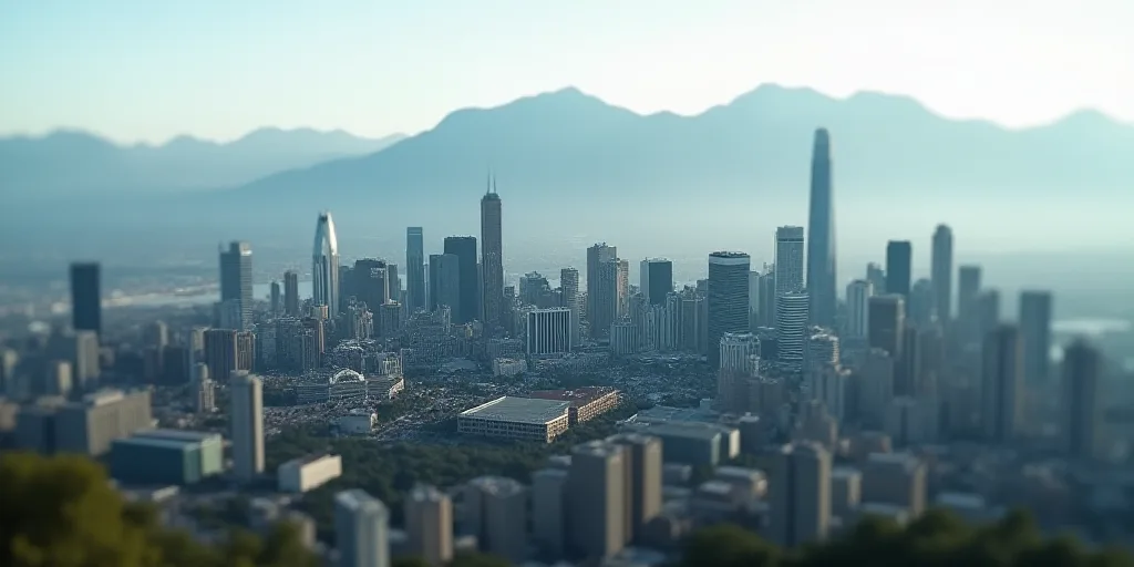 a city with a lot of tall buildings and mountains in the background, with a sky line in the foregrou