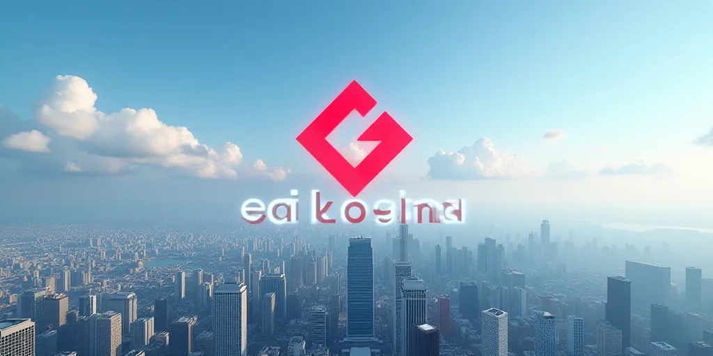 a city with a red and white logo over it and a blue sky with clouds in the background with a red and