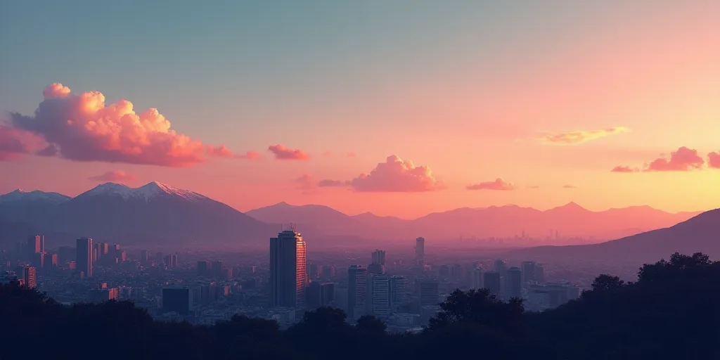 a city with mountains in the background at sunset or dawn with a few clouds in the sky and a few bui