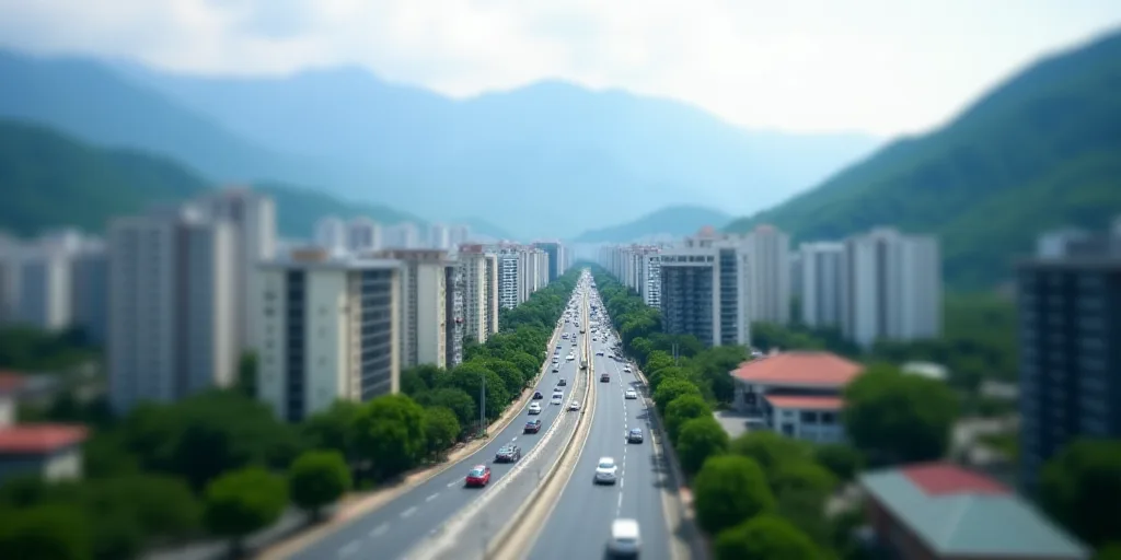 a city with mountains in the background and a road in the foreground with cars on it and a mountain