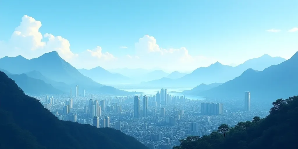 a city with mountains in the background and a blue sky in the foreground with a blue sky and a blue
