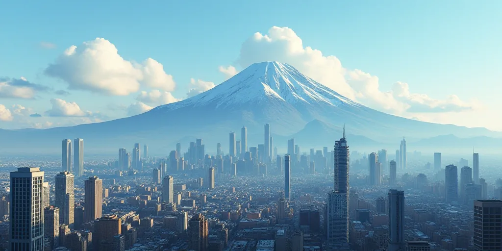 a city with tall buildings and a mountain in the background with clouds in the sky and a few clouds