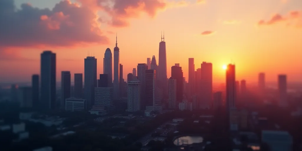a city with tall buildings and a sky line in the background at sunset or sunrise with a few clouds,