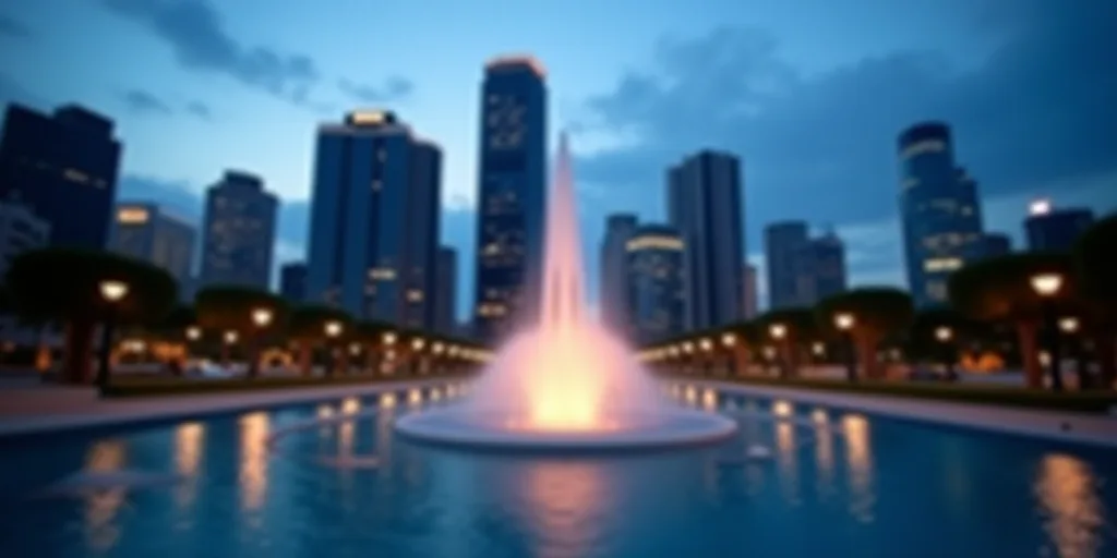 a city with tall buildings and a fountain in the middle of it at dusk time with a blue sky, Carlos F