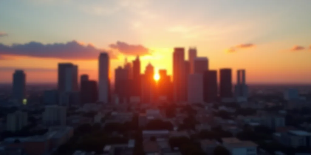 a city with tall buildings and a sky line in the background at sunset or sunrise with a few clouds,