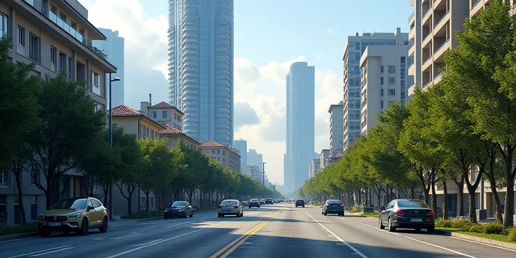a city with tall buildings and a street in the foreground with a few cars on it and a few buildings