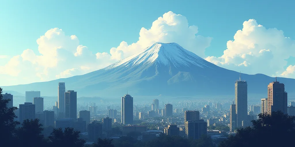 a city with tall buildings and a mountain in the background with clouds in the sky and a few clouds
