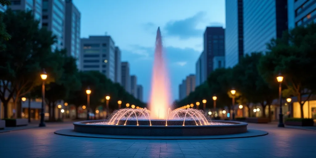 a city with tall buildings and a fountain in the middle of the street at dusk time with a blue sky,