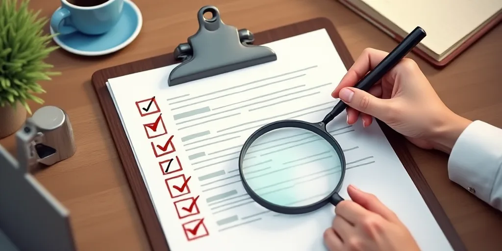 a clipboard with a checklist, magnifying glass, and a clipboard with a document on it, Dahlov Ipcar,