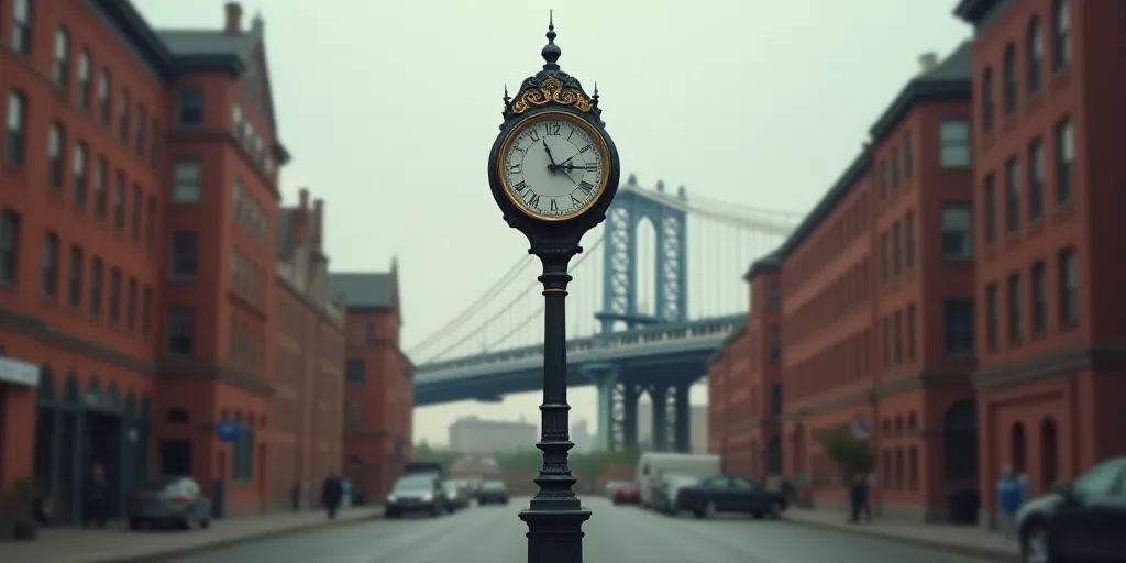 a clock tower in the middle of a city street with a bridge in the background and buildings in the ba