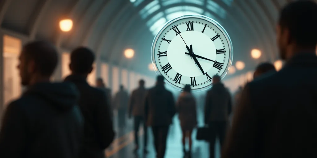 a clock with a group of people in the background behind it with a blurry image of a clock face, Denn