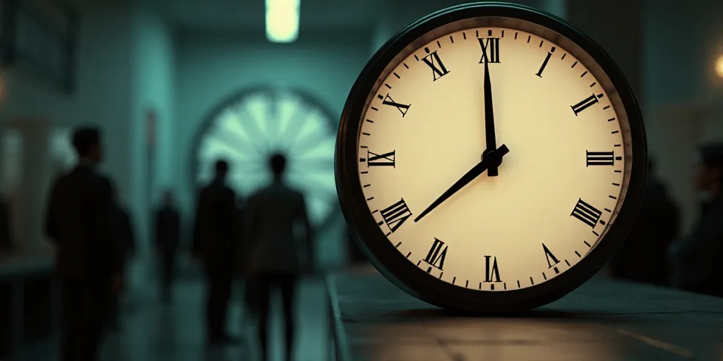 a clock with a group of people in the background behind it with a blurry image of a clock face, Denn