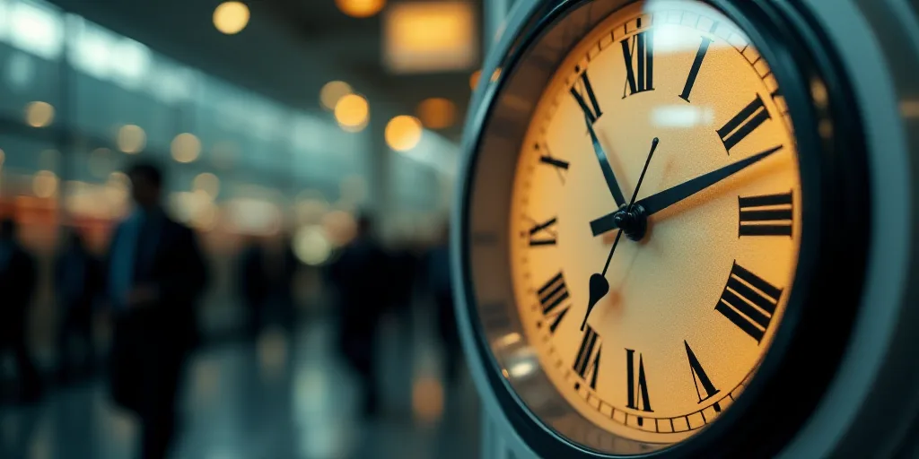 a clock with a group of people in the background with a blurry image of a clock face in the foregrou