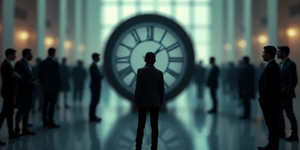 a clock with a group of people standing around it in the background with a blurry image of a clock,