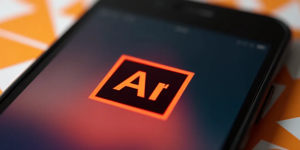 a close up of a adobe logo on a phone screen with a background of orange and white triangles and a r