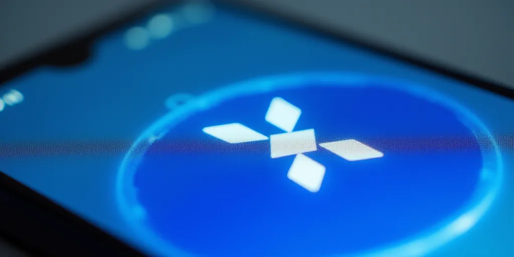 a close up of a blue and white logo on a cell phone with a blue background and a blue circle, Ai-Mit
