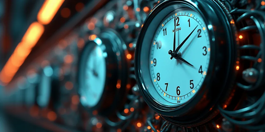 a close up of a clock with a lot of wires on it's sides and a clock on the other side, Ai-Mitsu, pla