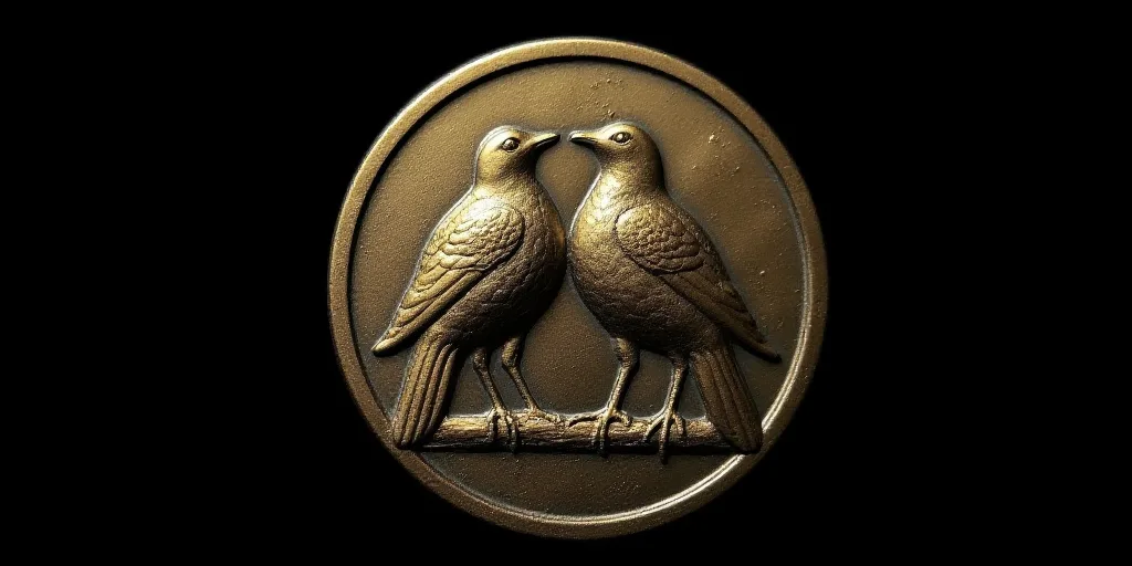 a close up of a coin with two birds on it's face and a black background with a black background, Aqu