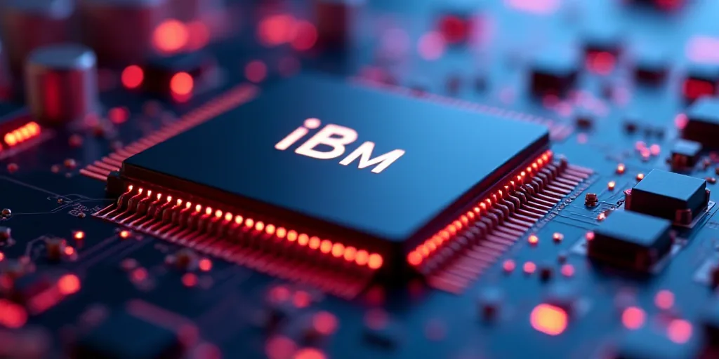 a close up of a computer chip with the ibm logo on it's back side and a computer chip in the backgro