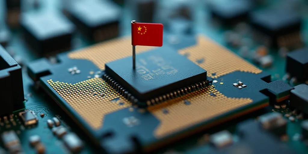 a close up of a computer chip with a flag on it and a pair of scissors in the middle, Cui Bai, micro