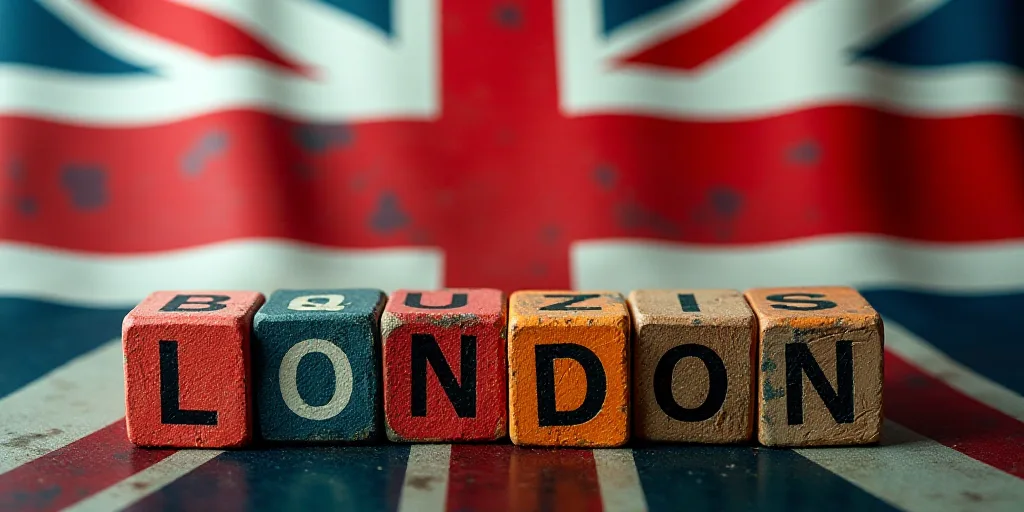 a close up of a flag with a block of block of blocks in front of it with the word london written on