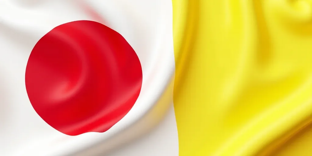 a close up of a flag with a red circle on it's side and a yellow circle on the other side, Ai-Mitsu,