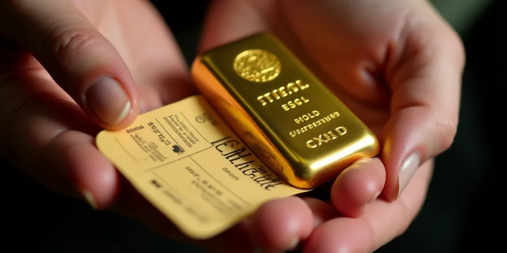 a close up of a gold bar and a ticket for a competition in which it is being held by a person, Chris