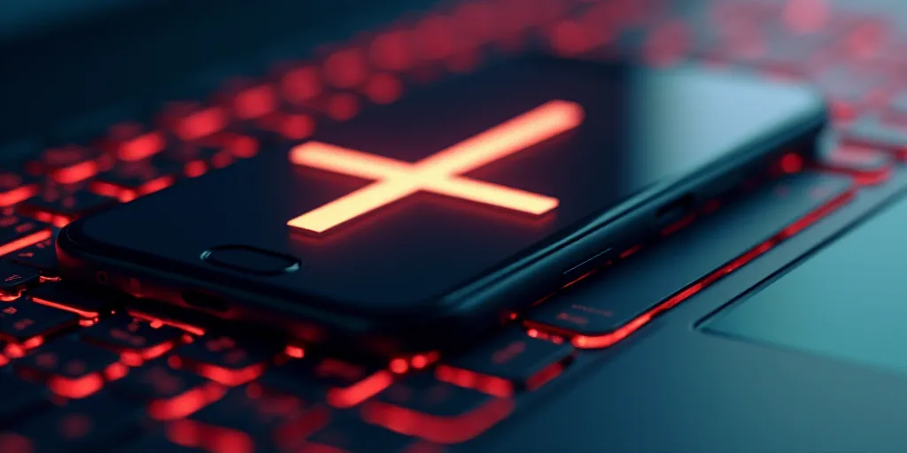 a close up of a keyboard with a phone on it and a cross symbol on the screen of the phone, Bauhaus,