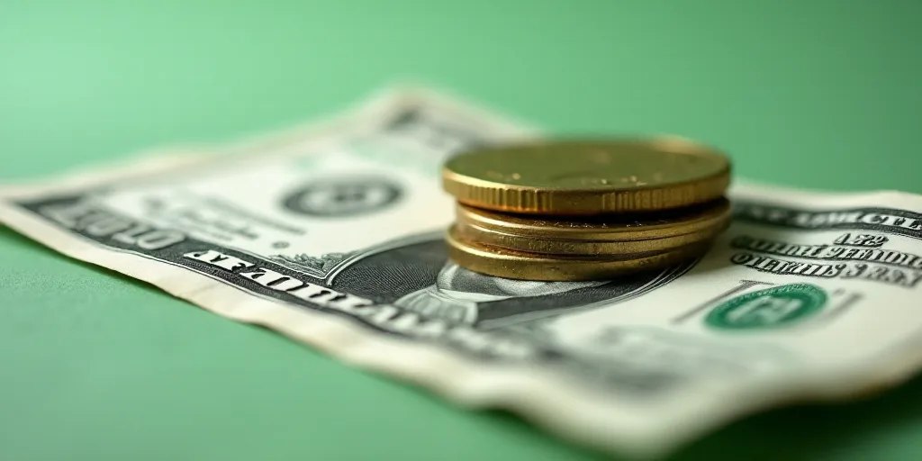 a close up of a one dollar bill with a coin on top of it and a green and white background, Aquirax U