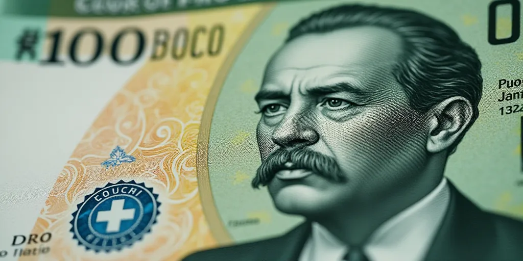 a close up of a one hundred mexican peso bill with a portrait of president ronald castro on it, Aqui