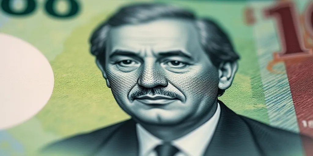 a close up of a one hundred mexican peso bill with a portrait of president ronald castro on it, Aqui