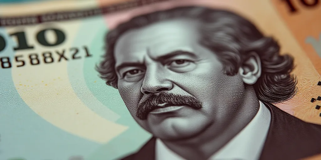 a close up of a one hundred mexican peso bill with a portrait of president ronald castro on it, Aqui