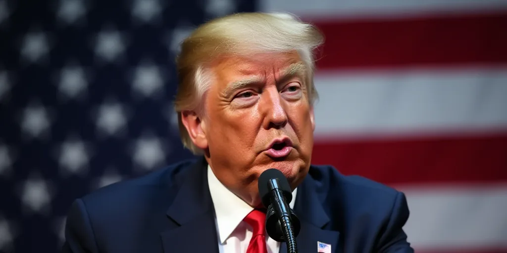 a close up of a person in a suit and tie with an american flag behind him and a microphone, Donald R