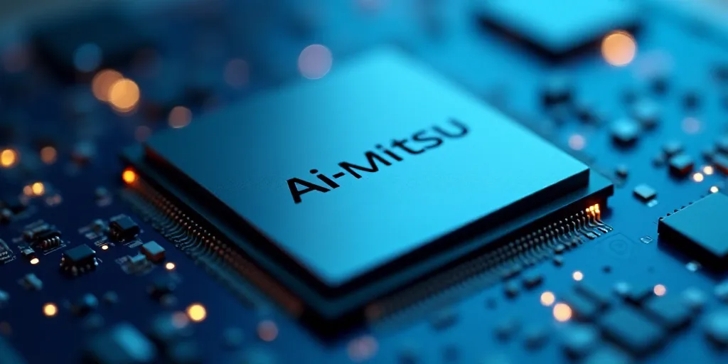 a close up of a processor chip on a table top with a blue background and a black and white logo, Ai-