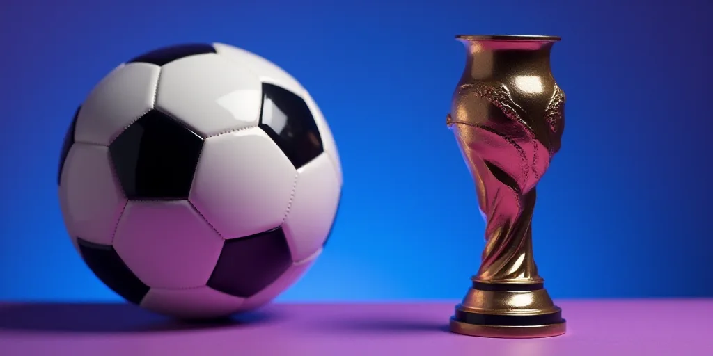 a close up of a soccer ball and a trophy on a table with a purple background and a blue backdrop, Co