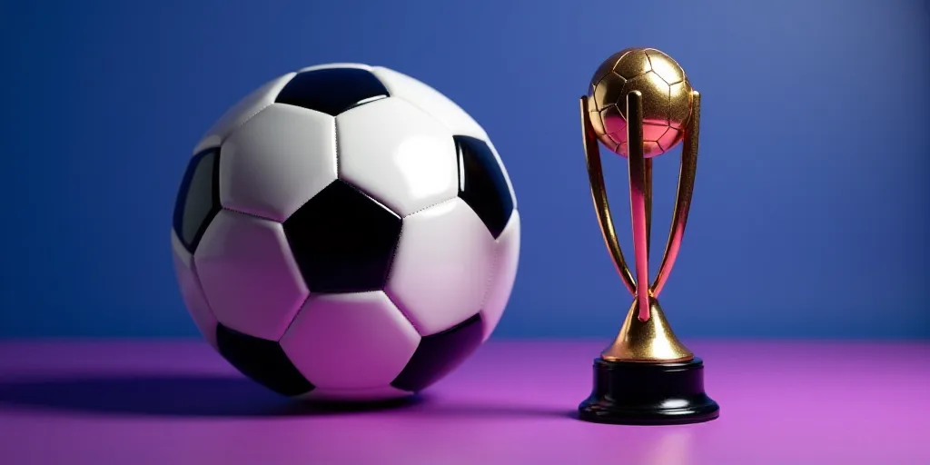 a close up of a soccer ball and a trophy on a table with a purple background and a blue backdrop, Co