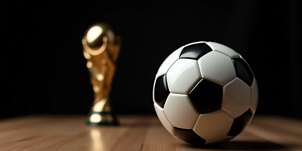 a close up of a soccer ball on a table with a trophy in the background with a black background, Aqui