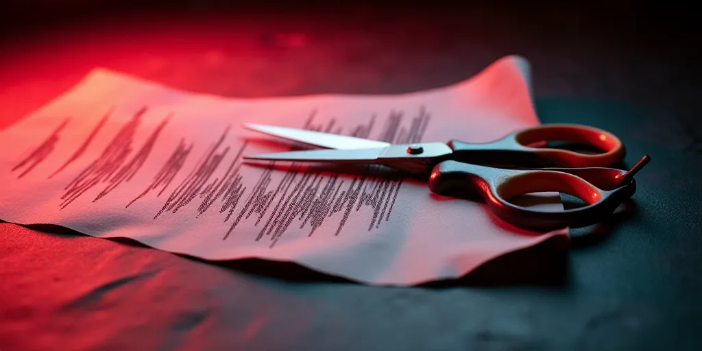 a close up of a sound wave on a piece of paper with a pair of scissors in it and a red and black bac
