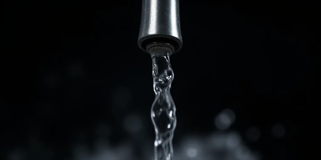 a close up of a water faucet with water running from it's spout and a black background, Andries Stoc