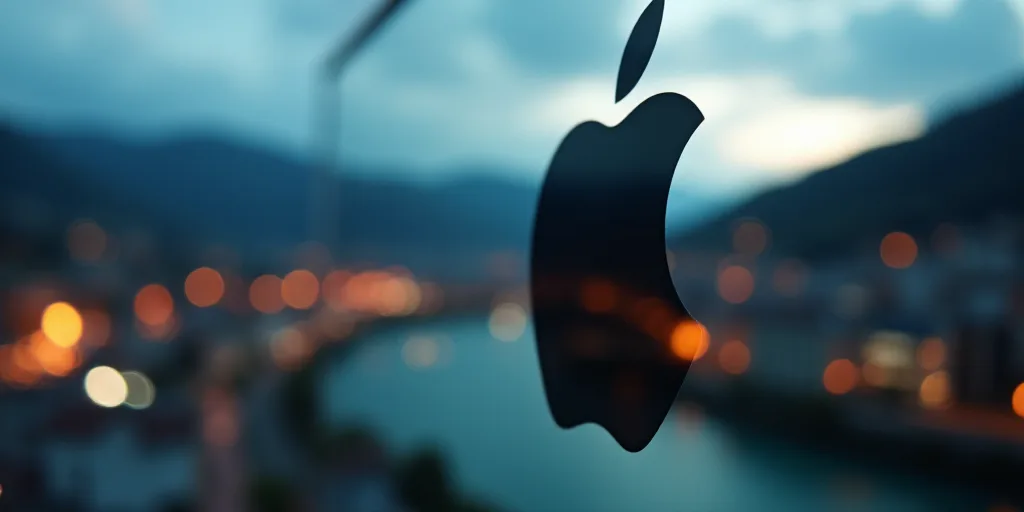 a close up of an apple logo on a computer screen with a blurry background of a town and a hill, Beep